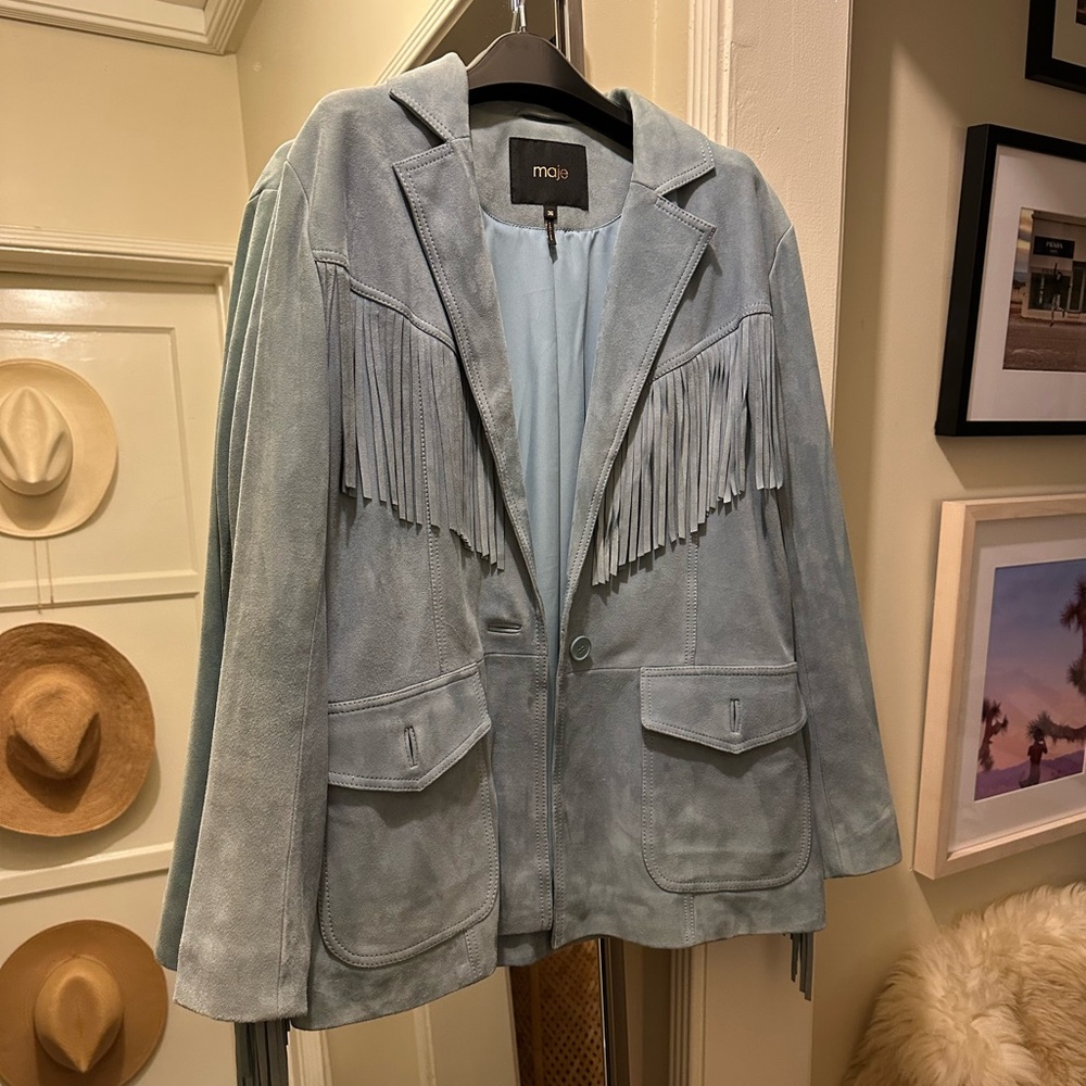 Maje Light Blue Suede Fringe Jacket 36